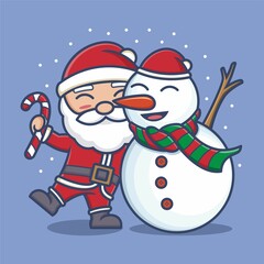 cute cartoon santa claus with snowman on christmas. vector illustration for mascot logo or sticker