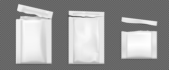 Open sachet, pouch vector bags mockup, torn wet wipes white paper or foil packs. Isolated blank packages for food, sugar, salt, coffee or cosmetics samples on transparent background, Realistic 3d set