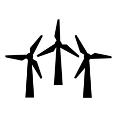 Simple flat black and white wind farm icon. Vector silhouette of three wind turbines