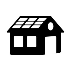 Simple flat black and white private house icon with rooftop solar panel. Vector symbol of the solar power station for building