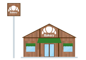 シンプルなお店のイラスト　ロードサイドのベーカリー　パン屋さんの建物のイラスト　Bakery - obrazy, fototapety, plakaty
