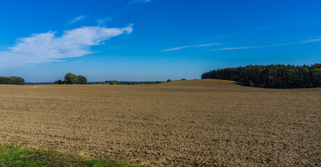 Obraz premium malerisches Landschaftsmotiv in Mecklenburg mit Feldern, Wald und Windraedern im Hintergrund