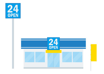 シンプルなお店のイラスト　24時間営業の看板のあるコンビニエンスストアの建物のイラスト　アイコンconvenience store