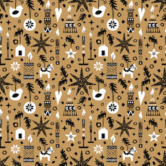 Vector monochrome seamless pattern in scandinavian folk style on transparent background. Perfect for christmas craft wrapping paper.