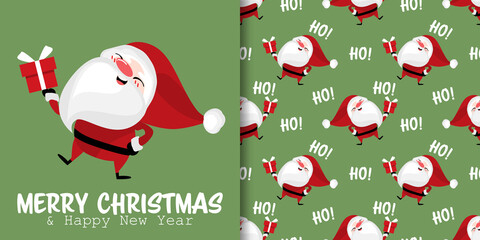 Christmas holiday season banner with Merry Christmas text and seamless pattern of santa clause hold a gift box and Ho! text on green background. Vector illustration.