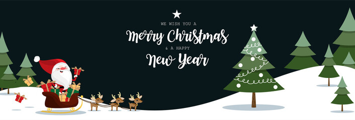 Santa Claus hold gift box on sleigh with a herd of reindeers and Christmas tree in pine tree forest on snow hill and dark sky with we wish you a Merry Christmas and a Happy New Year text. - obrazy, fototapety, plakaty