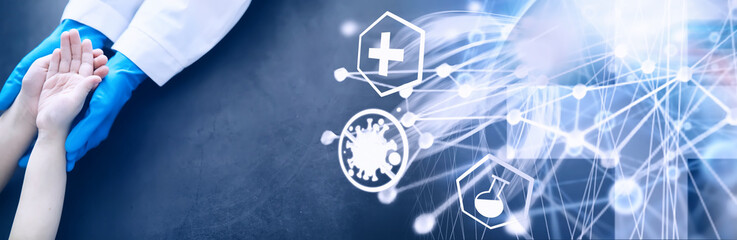 Medical concept. The doctor in gloves holds the patient's hand. The moral help of the doctor to his...