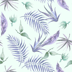 Watercolor seamless pattern, floral ornament border.
Palm leaves, fern, wild plants, grass, flower.
Beautiful design for fabric, paper. Vintage plants.Fashion art Tropical leaves.Garden herbs, leaves