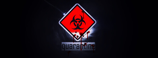 Quarantine. Quarantine warning sign on a glass door in a hospital isolator. Isolation of patients...