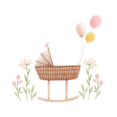 Beautiful composition with hand drawn watercolor baby cradle crib air baloons and flowers. Stock clip art illustration for girl.