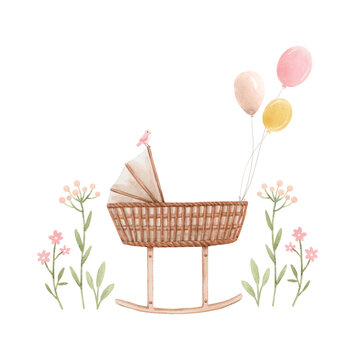recommend clip art: Beautiful composition with hand drawn watercolor baby cradle crib air baloons and flowers. Stock clip art illustration for girl.