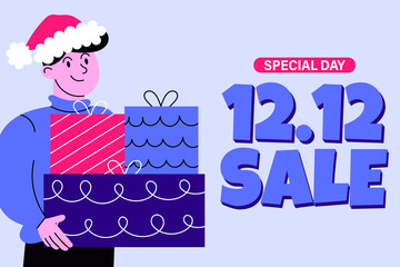 Male in Santa Claus hat and gift boxes, sale 12.12. Discounts, stocks. 