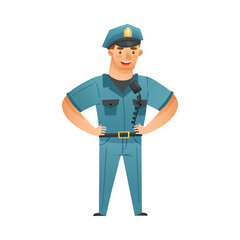 Policeman character in blue uniform cartoon vector illustration