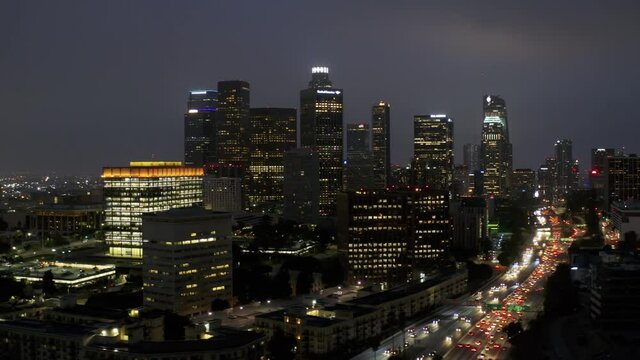 Aerial shot of the tall buildings of downtown Los Angeles.