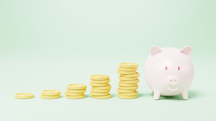 Piggy bank with coin money growing graph on green background, fat pig saving or accumulation of money investment moneybox, 3D rendering illustration