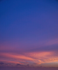 Beautiful view of sky with clouds at sunrise. Partly cloudy. Colorful sunset. Natural sky background texture, beautiful color.