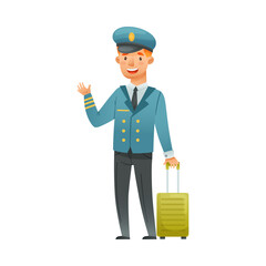 Man pilot character in blue uniform with suitcase cartoon vector illustration
