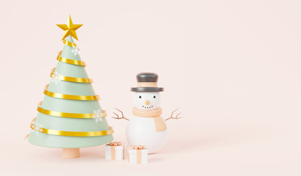 Christmas tree with ribbon decorations and snowman cartoon pines for banner greeting card on pink pastel background, New Year's and Xmas tree symbol, Winter holiday icon, 3D rendering illustration