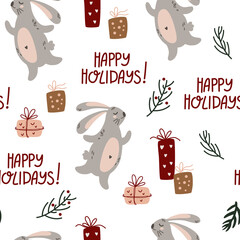 Cute Bunny seamless pattern. Christmas gifts and twigs with berries. Happy Holidays background. Vector texture for fabric textile wallpaper apparel wrapping.