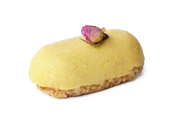 Mini mousse pastry dessert with rose isolated on white