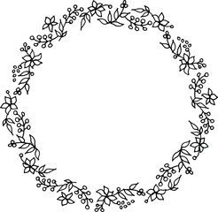 floral black and white round wreath, hand-drawn