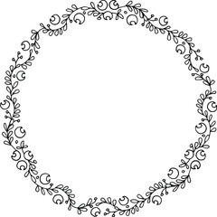 floral black and white round wreath, hand-drawn