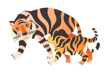 Fototapeta na wymiar Tigress with cubs. Big wild cat animal with babies vector illustration