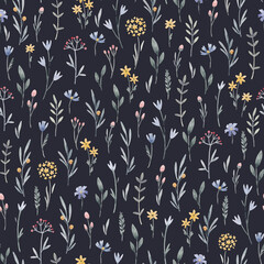 Beautiful vector floral seamless pattern with cute watercolor hand drawn wild flowers. Stock illustration.