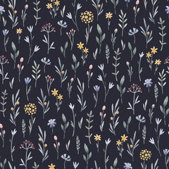Beautiful vector floral seamless pattern with cute watercolor hand drawn wild flowers. Stock illustration.