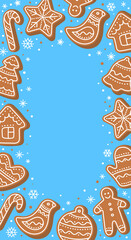 Beautiful winter vertical background with gingerbread and snowflakes. Festive template with Christmas cookies on blue background. Modern hand-drawn vector illustration in flat style.