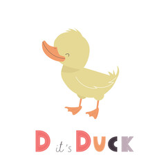 Cute alphabet letter D with cartoon duck. Nursery animal themed ABC card for teaching, reading. Vector illustration.
