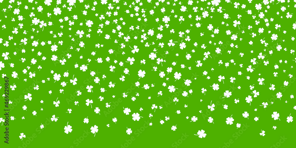 Poster shamrock or white clover leaves pattern background flat design vector illustration isolated on green