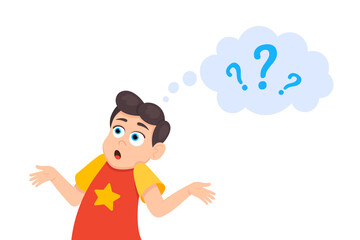 Little doubt boy kid asking question flat style design vector illustration isolated on white background. Cute boy thinking about something and question mark flies above him asking concept.