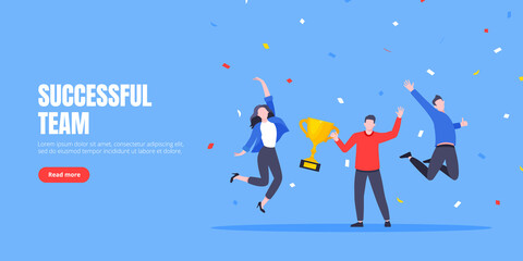 Happy business team employee team winners award ceremony flat style design vector illustration. Employee recognition and best worker competition award team celebrating victory winner business concept.