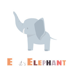 Cute alphabet letter E with cartoon elephant. Nursery animal themed ABC card for teaching, reading. Vector illustration.