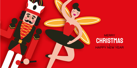 Christmas Nutcracker and Girl Ballerina in paper cut style. Cute soldier toy. December Ballet party. Creative Merry Xmas invitation. Happy New Year. Winter holidays. Space for text.