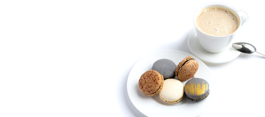 macaroons cake with a cup of coffee on banner a light background.
