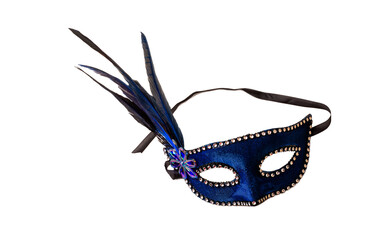 Carnival mask background. Blue female elegant carnival mask with feathers isolated on white. Venetian Face mask used for celebration Halloween, party, xmas, christmas, holiday, purim from masquerade
