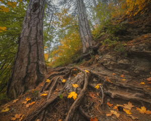 Beautiful autumn forest. Amazing tree roots. Southern Crimean coast.