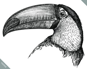 black and white engrave isolated toucan illustration - obrazy, fototapety, plakaty