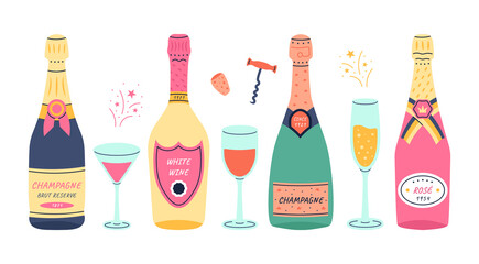 Wine bottles with glasses. Doodle champagne and prosecco vintage glass bottles of white and red sparkling wine, holiday and wedding glasses. Vector set - obrazy, fototapety, plakaty