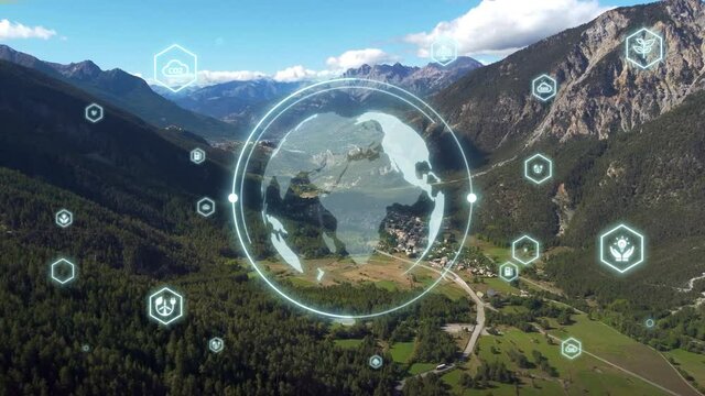 Environmental technology and innovation Sustainable development green technologies futuristic planet earth. Aerial natural mountain valley unpolluted landscape