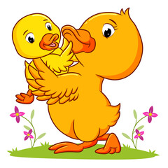 The two ducks are playing together in the grass