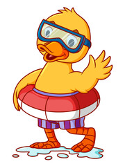 The duck is using the swimming tire and goggles