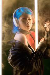 Music vibe. Song chill. Futuristic technology. Inspired gentle cyberpunk woman in headphones...