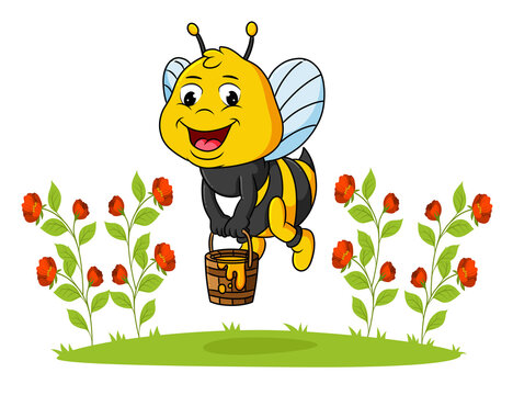 The bee are flying and holding a bucket of honey