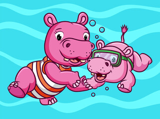 The couple hippopotamus are swimming together under the water