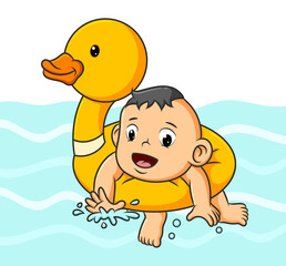 The baby boy is swimming with the duck tire in the pool