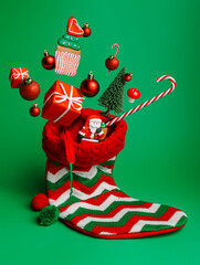 Creative layout made with Christmas socks and flying Santa Claus, pine tree, gift boxes and candy cane on vibrant green background. Minimal New Year season concept. Surreal winter holidays idea.