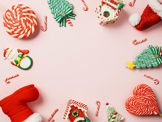 Creative frame layout made with Christmas socks, pine tree and candy canes on pastel pink background. Minimal New Year season concept. Xmas advertisement with empty copy space. Top view, flat lay.